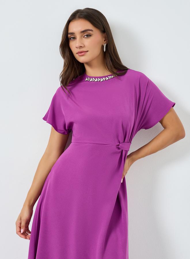Styli Women Purple Embellished Short Sleeves Midi Dress - Image 1